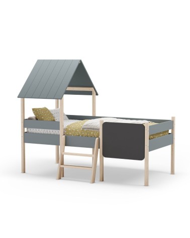 Letto a castello singolo Mint in legno massiccio con lavagnetta colore verde cachi e pino