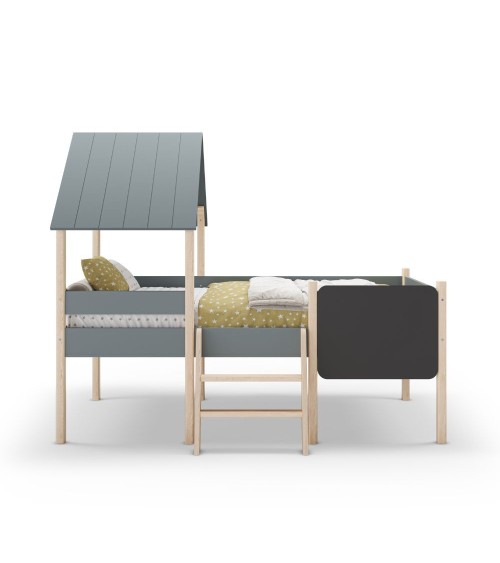 Letto a castello singolo Mint in legno massiccio con lavagnetta colore verde cachi e pino