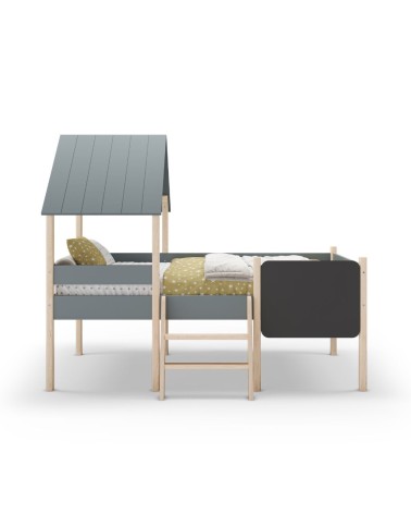 Letto a castello singolo Mint in legno massiccio con lavagnetta colore verde cachi e pino