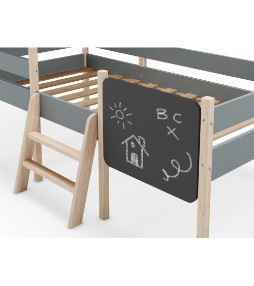 Letto a castello singolo Mint in legno massiccio con lavagnetta colore verde cachi e pino