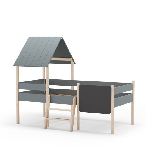 Letto a castello singolo Mint in legno massiccio con lavagnetta colore verde cachi e pino