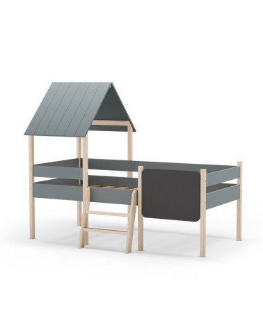 Letto a castello singolo Mint in legno massiccio con lavagnetta colore verde cachi e pino