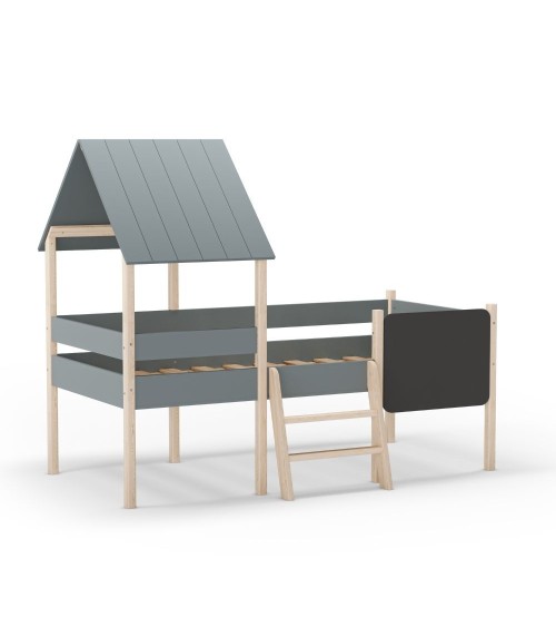 Letto a castello singolo Mint in legno massiccio con lavagnetta colore verde cachi e pino