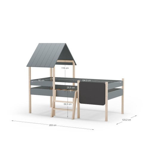 Letto a castello singolo Mint in legno massiccio con lavagnetta colore verde cachi e pino