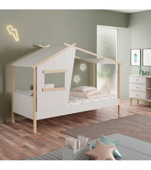 Letto a casetta Luba singolo in legno massiccio colore bianco