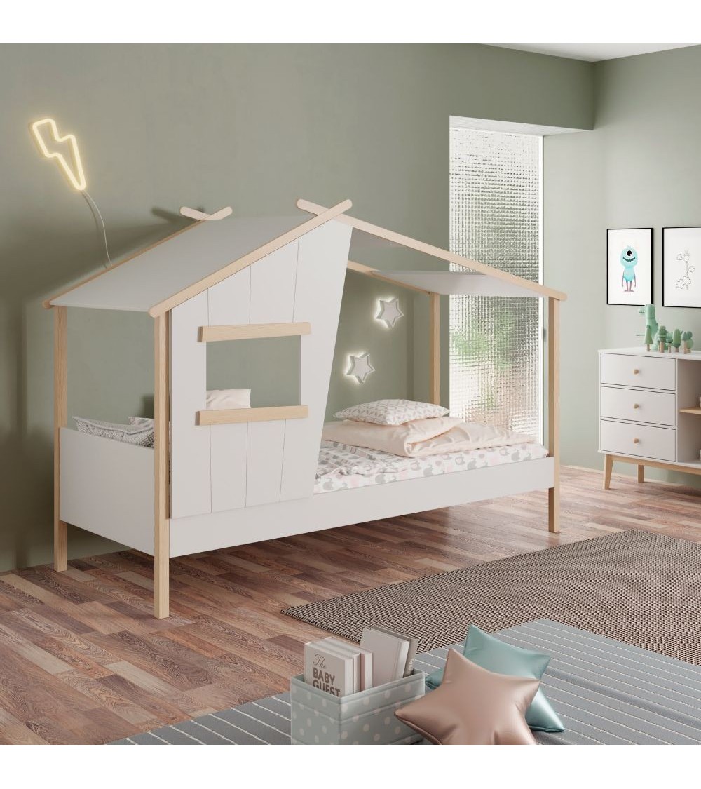Letto a casetta Luba singolo in legno massiccio colore bianco