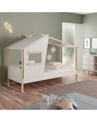 Letto a casetta Luba singolo in legno massiccio colore bianco
