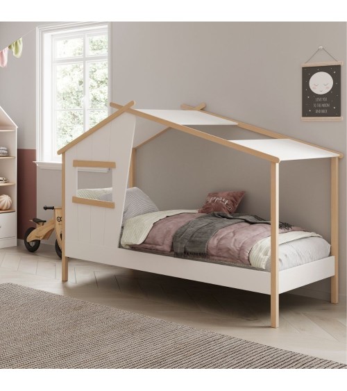 Letto a casetta Luba singolo in legno massiccio colore bianco