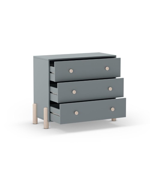 Cassettiera Enola in legno massiccio con 3 cassetti verde cachi e gambe pino