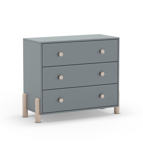 Cassettiera Enola in legno massiccio con 3 cassetti verde cachi e gambe pino