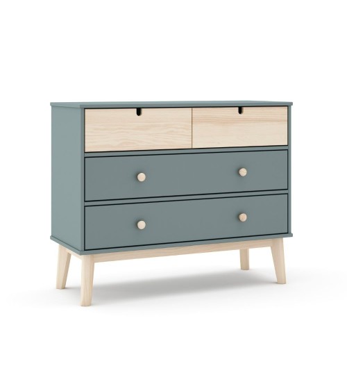 Cassettiera Estefania in legno massiccio con 2 cassetti verde cachi e 2 cassettini pino