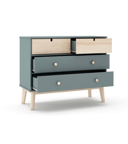 Cassettiera Estefania in legno massiccio con 2 cassetti verde cachi e 2 cassettini pino