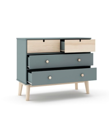 Cassettiera Estefania in legno massiccio con 2 cassetti verde cachi e 2 cassettini pino