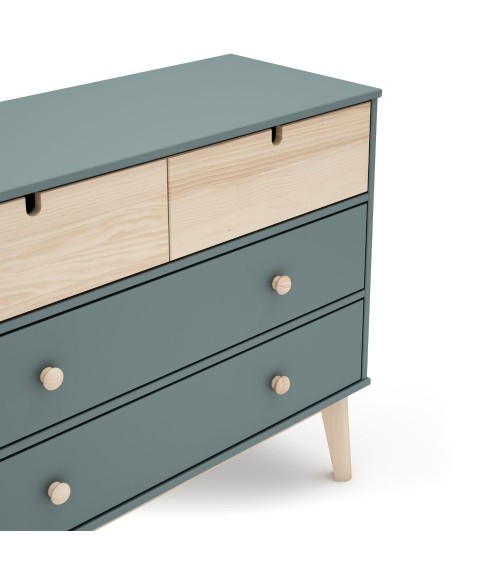 Cassettiera Estefania in legno massiccio con 2 cassetti verde cachi e 2 cassettini pino