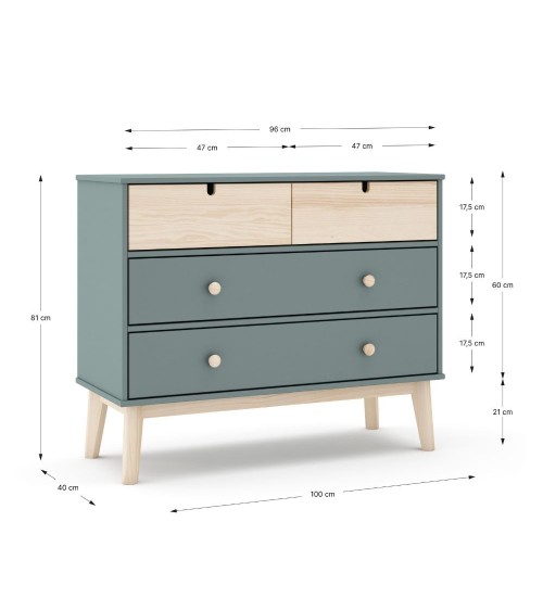 Cassettiera Estefania in legno massiccio con 2 cassetti verde cachi e 2 cassettini pino