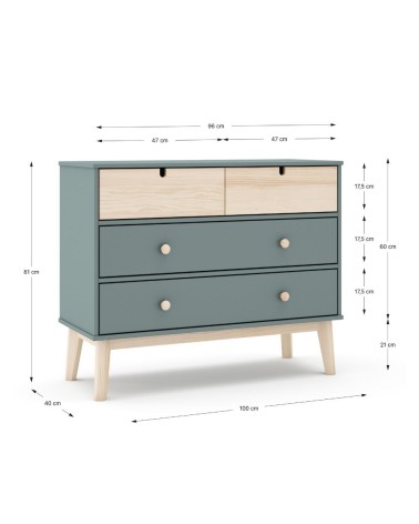 Cassettiera Estefania in legno massiccio con 2 cassetti verde cachi e 2 cassettini pino