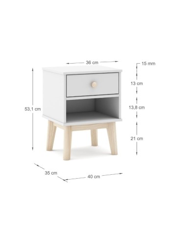 Comodino per cameretta Esteban 1 cassetto in legno massiccio colore bianco
