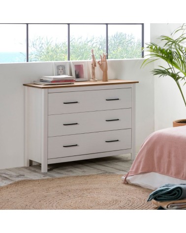 Comò Miranda con 3 cassetti in legno massiccio bianco e top pino