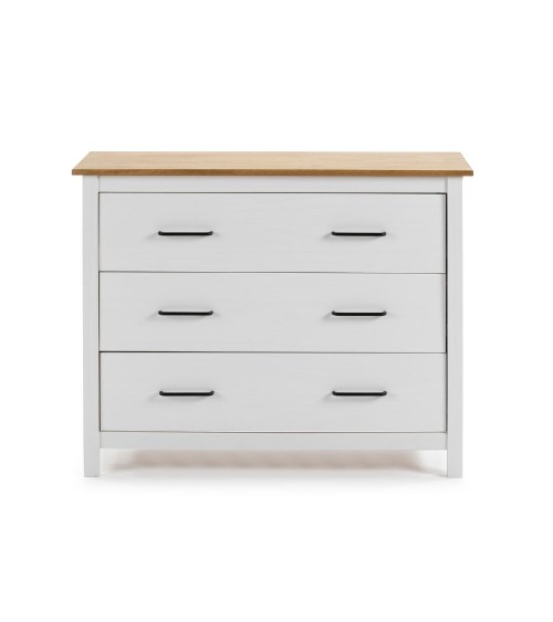 Comò Miranda con 3 cassetti in legno massiccio bianco e top pino