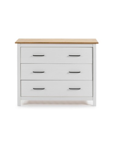 Comò Miranda con 3 cassetti in legno massiccio bianco e top pino