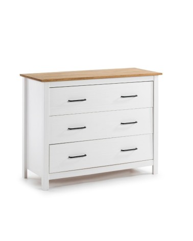 Comò Miranda con 3 cassetti in legno massiccio bianco e top pino
