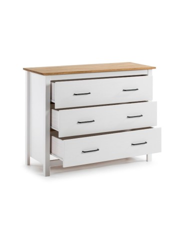 Comò Miranda con 3 cassetti in legno massiccio bianco e top pino