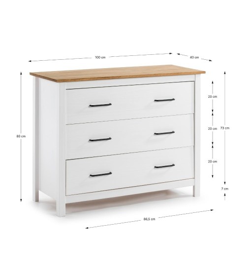 Comò Miranda con 3 cassetti in legno massiccio bianco e top pino