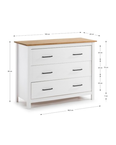 Comò Miranda con 3 cassetti in legno massiccio bianco e top pino