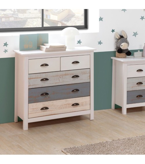 Comò Romantica con 3 cassettoni e 2 cassettini in legno massiccio multicolor