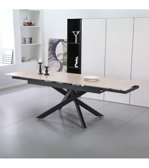 Tavolo allungabile Trivia con piano in ceramica effetto marmo travertino e gambe in metallo nero