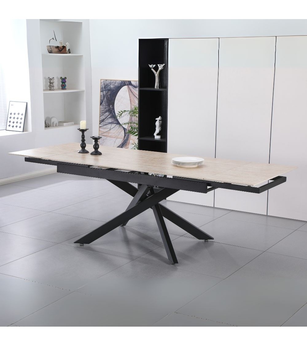 Tavolo allungabile Trivia con piano in ceramica effetto marmo travertino e gambe in metallo nero