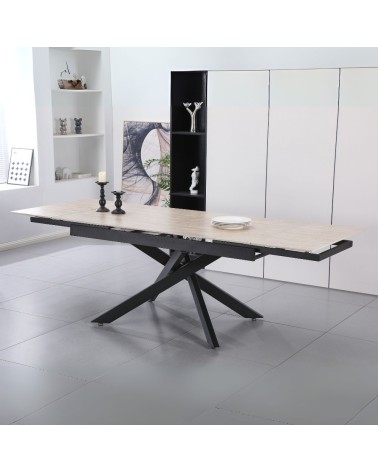 Tavolo allungabile Trivia con piano in ceramica effetto marmo travertino e gambe in metallo nero