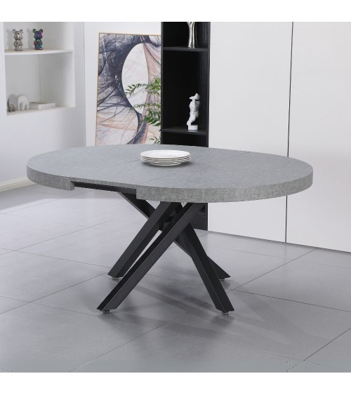 Tavolo allungabile Raven con piano colore cemento e gambe in metallo nero