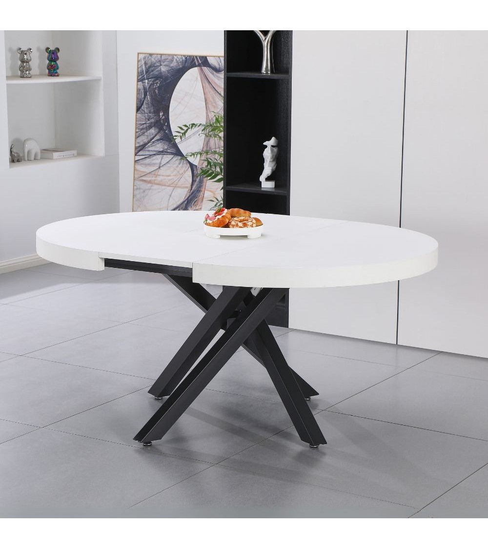 Tavolo allungabile Raven con piano colore bianco opaco e gambe in metallo nero