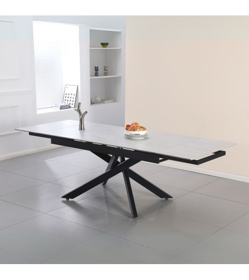 Tavolo allungabile Trivia con piano in ceramica effetto larice e gambe in metallo nero