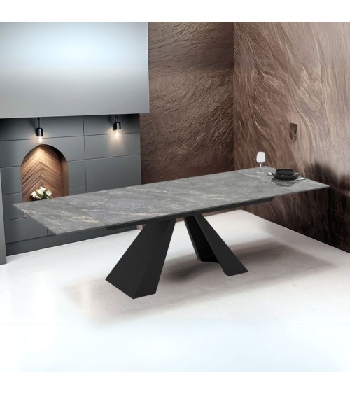 Tavolo allungabile Monza con top in ceramica effetto marmo grigio e gambe nere