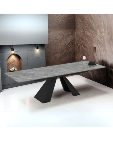 Tavolo allungabile Monza con top in ceramica effetto marmo grigio e gambe nere