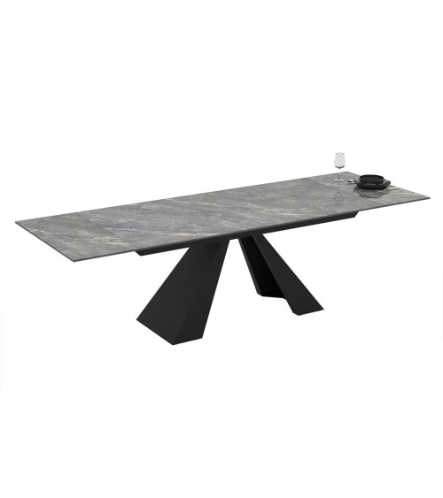 Tavolo allungabile Monza con top in ceramica effetto marmo grigio e gambe nere