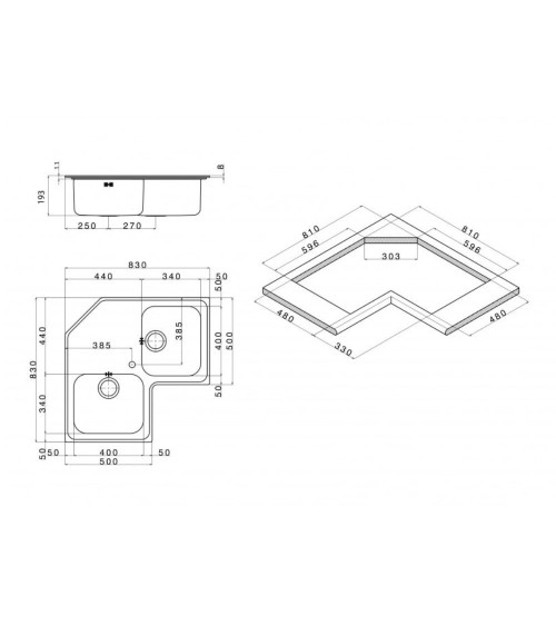 Lavello angolare da incasso ROAN2IBC 2 vasche con gocciolatoio 83x83 cm inox