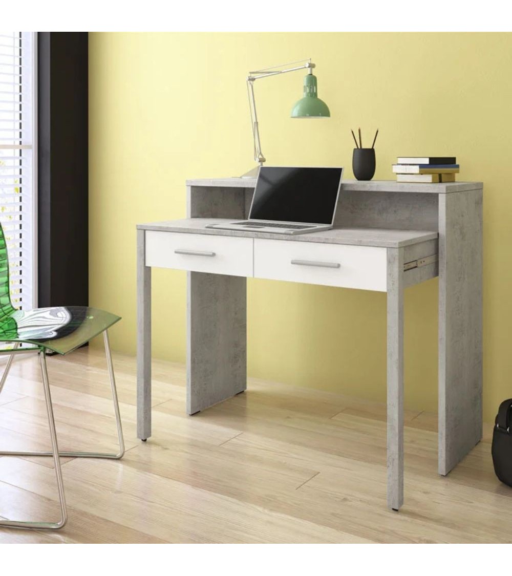 Scrivania Scrivia con piano a scomparsa con due cassetti colore cemento e bianco rustica