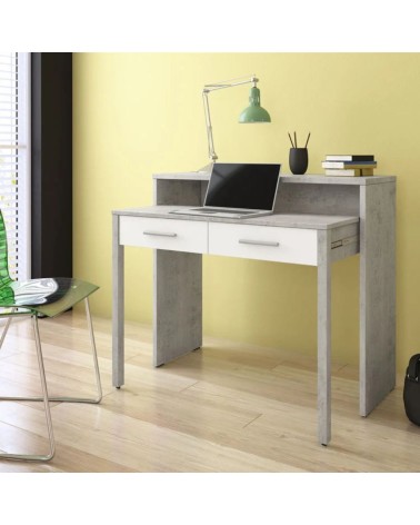 Scrivania Scrivia con piano a scomparsa con due cassetti colore cemento e bianco rustica