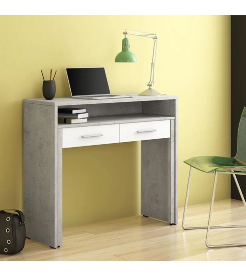 Scrivania Scrivia con piano a scomparsa con due cassetti colore cemento e bianco rustica