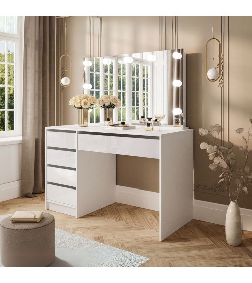 Toeletta Elite 5 cassetti con specchio con lampadine LED colore bianco