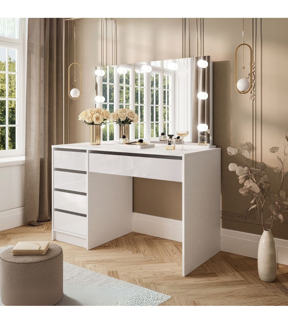 Toeletta Elite 5 cassetti con specchio con lampadine LED colore bianco