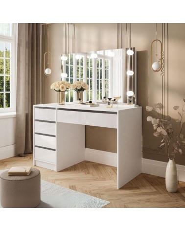Toeletta Elite 5 cassetti con specchio con lampadine LED colore bianco