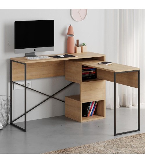 Scrivania espandibile Badau colore rovere e gambe in metallo nere 110x37.2x77 cm.