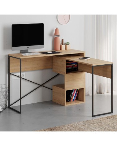 Scrivania espandibile Badau colore rovere e gambe in metallo nere 110x37.2x77 cm.