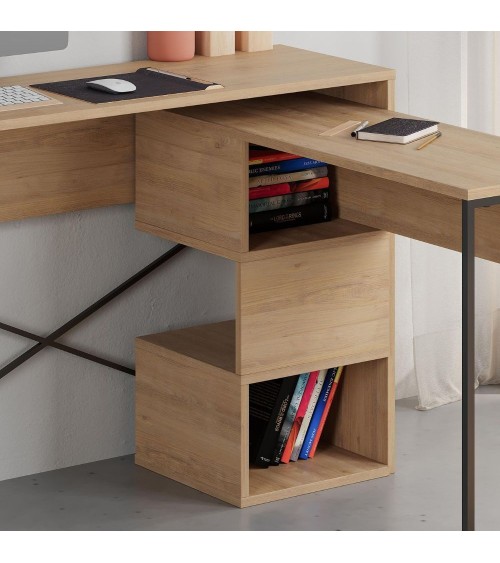 Scrivania espandibile Badau colore rovere e gambe in metallo nere 110x37.2x77 cm.
