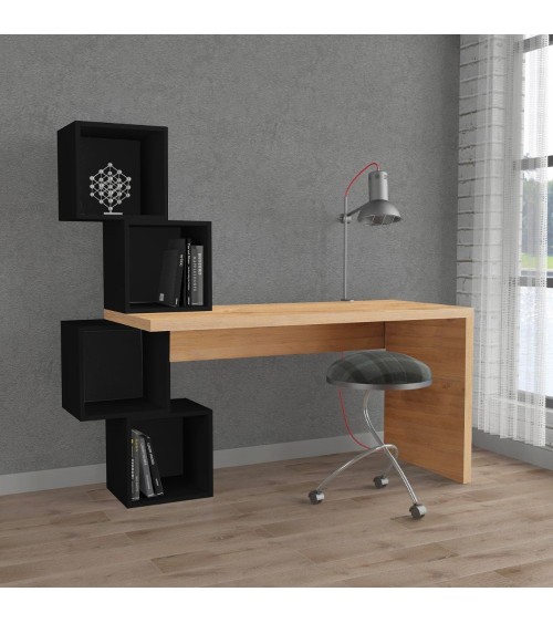 Scrivania Balance con piano rovere e ripiani cubotti nero
