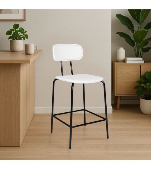 Sgabello Glami in pvc effetto cuoio bianco con struttura in metallo nera